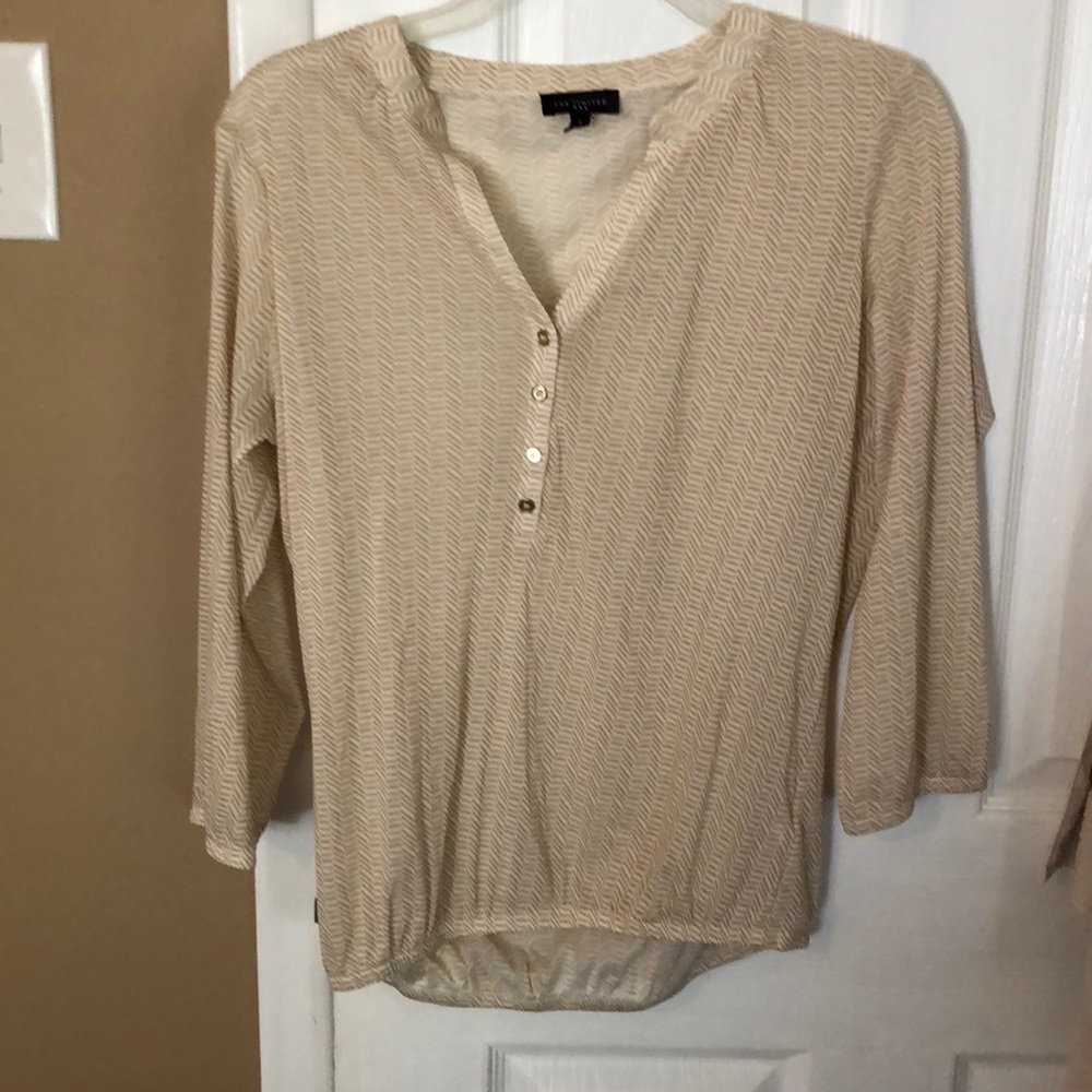 3/4 tan and white dress shirt